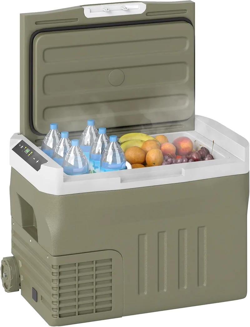 Outsunny ▫️ Frigorífico Portátil Elétrico de 30 L para Automóvel -20 ℃ a +20 ℃, 12 V/24 V, mini-frigorífico com rodas, compressor e ecrã tátil LED para uso doméstico, campismo, viagens e automóvel, 61 x 39 x 41,5 cm, verde