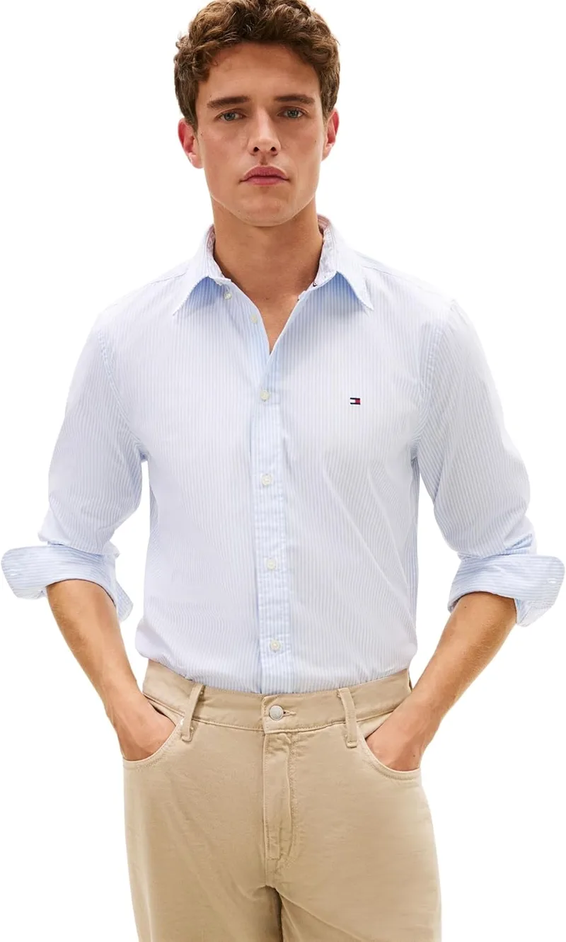 Tommy Hilfiger ▫️ Camisa Core Flex Pop Classic STP Mw0mw41403 de manga comprida para homem (pacote de 1)