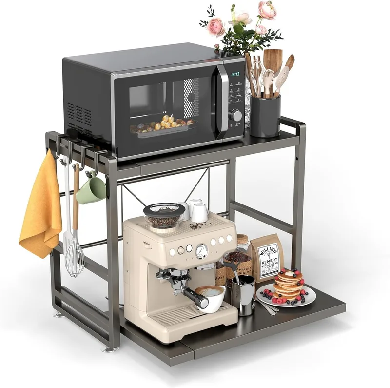 BeSokar ▫️ Prateleira de 2 níveis para micro-ondas, prateleira de cozinha extensível e regulável em altura com gaveta, em aço-carbono, incluindo ganchos e ventosas de reforço, montagem fácil (preto)