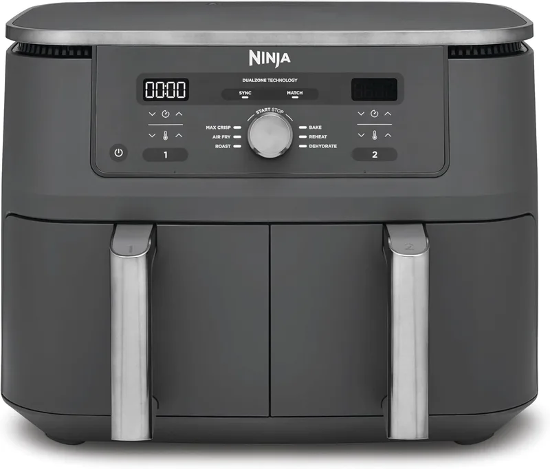 Ninja ▫️ Fritadeira de ar quente MAX com 2 compartimentos independentes - 6 funções: Air Fry, Max Crisp, Roast, Bake, Reheat e Dehydrate - 9,5 l com grelhas antiaderentes - Cinza metalizado, DZ400EU
