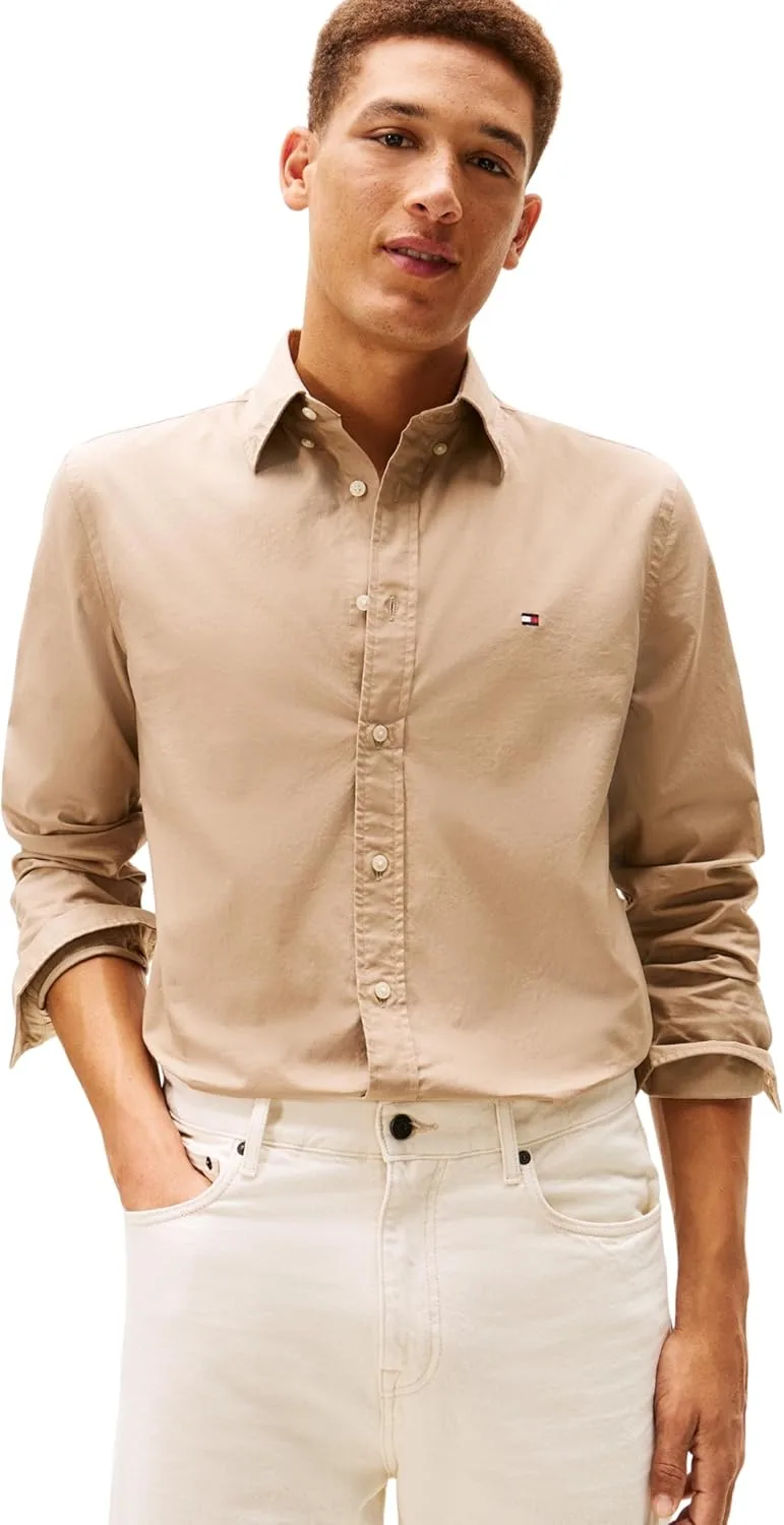 Tommy Hilfiger ▫️ Camisa para homem, Flex Poplin, cor sólida, corte regular
