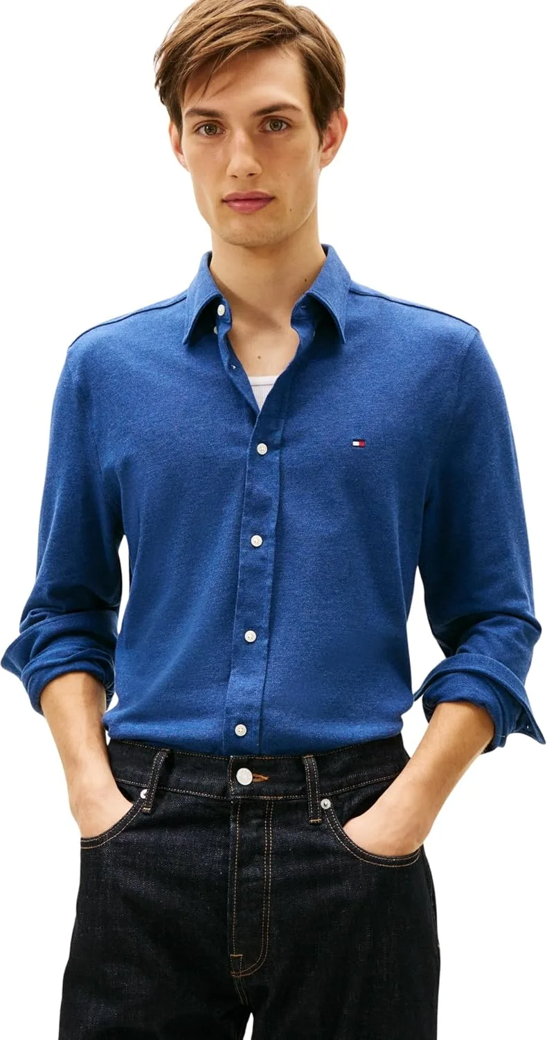 Tommy Hilfiger ▫️ Camisa de malha piqué ultraleve Mw0mw41690, manga comprida, para homem (pacote de 1)