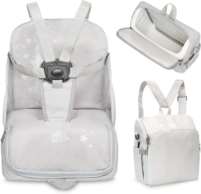 Interbaby ▫️ Cadeira alta portátil para bebé - Assento para bebé - Conversível em mochila ou mala - Dobrável, leve e com alça ajustável para transporte - Estrelas cinzentas