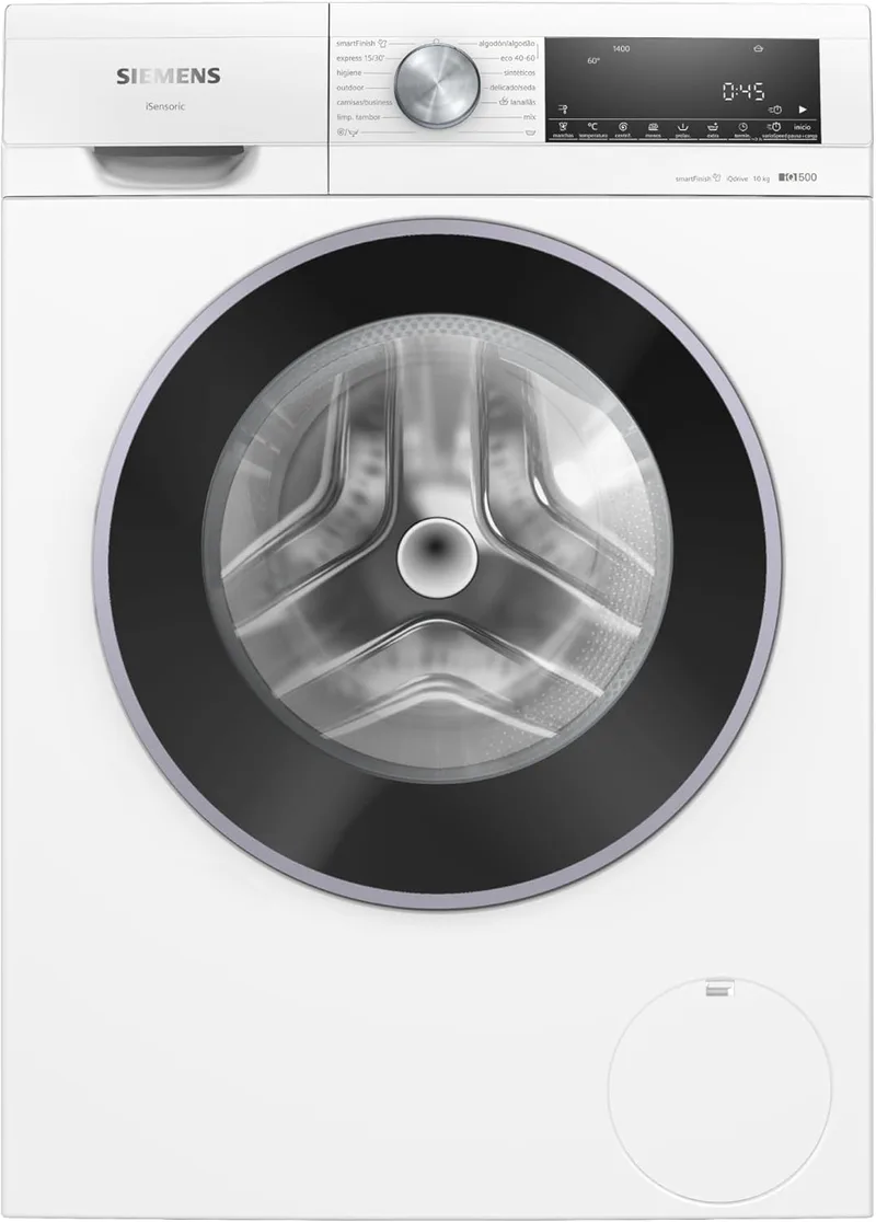 SIEMENS ▫️ Máquina de lavar roupa de carregamento frontal, 10 kg, iQ500, smartFinish, antiManchas, Branco, WG54G2Z1ES