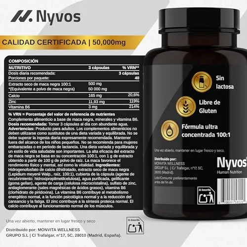 Nyvos ▫️ Maca Negra Ultra 50 000 mg, Alta Concentração 100:1, Zinco, B6 – 120 cápsulas 5