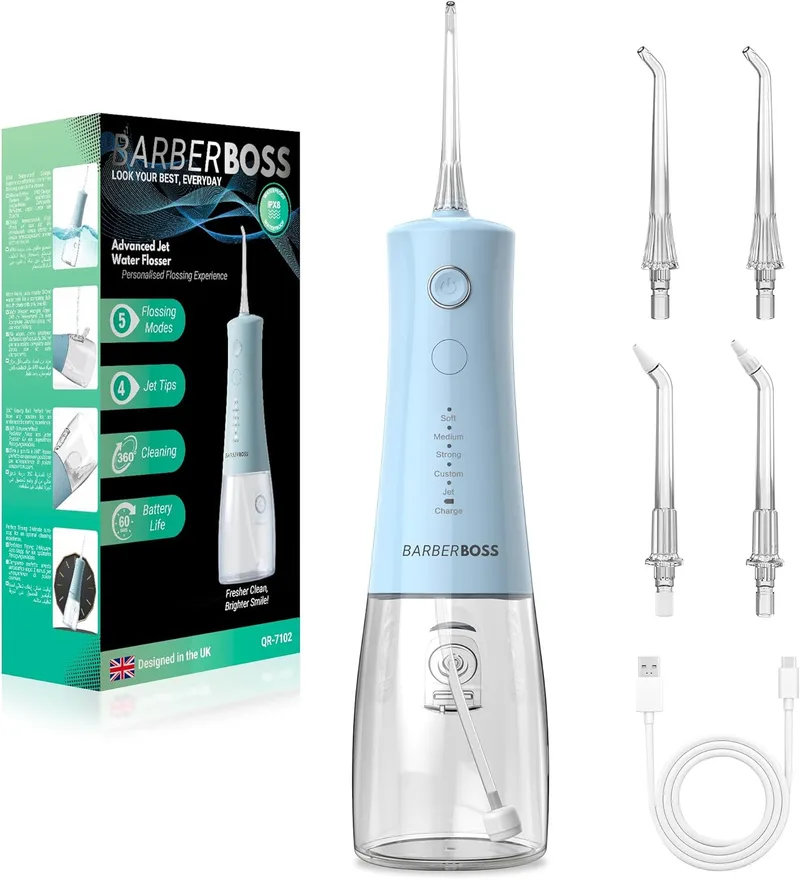 BARBERBOSS ▫️ Irrigador Oral, fio dental elétrico sem fios, 5 modos de pressão, resistente à água IPX8, irrigador oral portátil para o cuidado das gengivas (Azul Pastel) | 4 pontas de jato, 5 modos de pressão, IPX8 à prova de água, fio dental portátil, cuidados com as gengivas