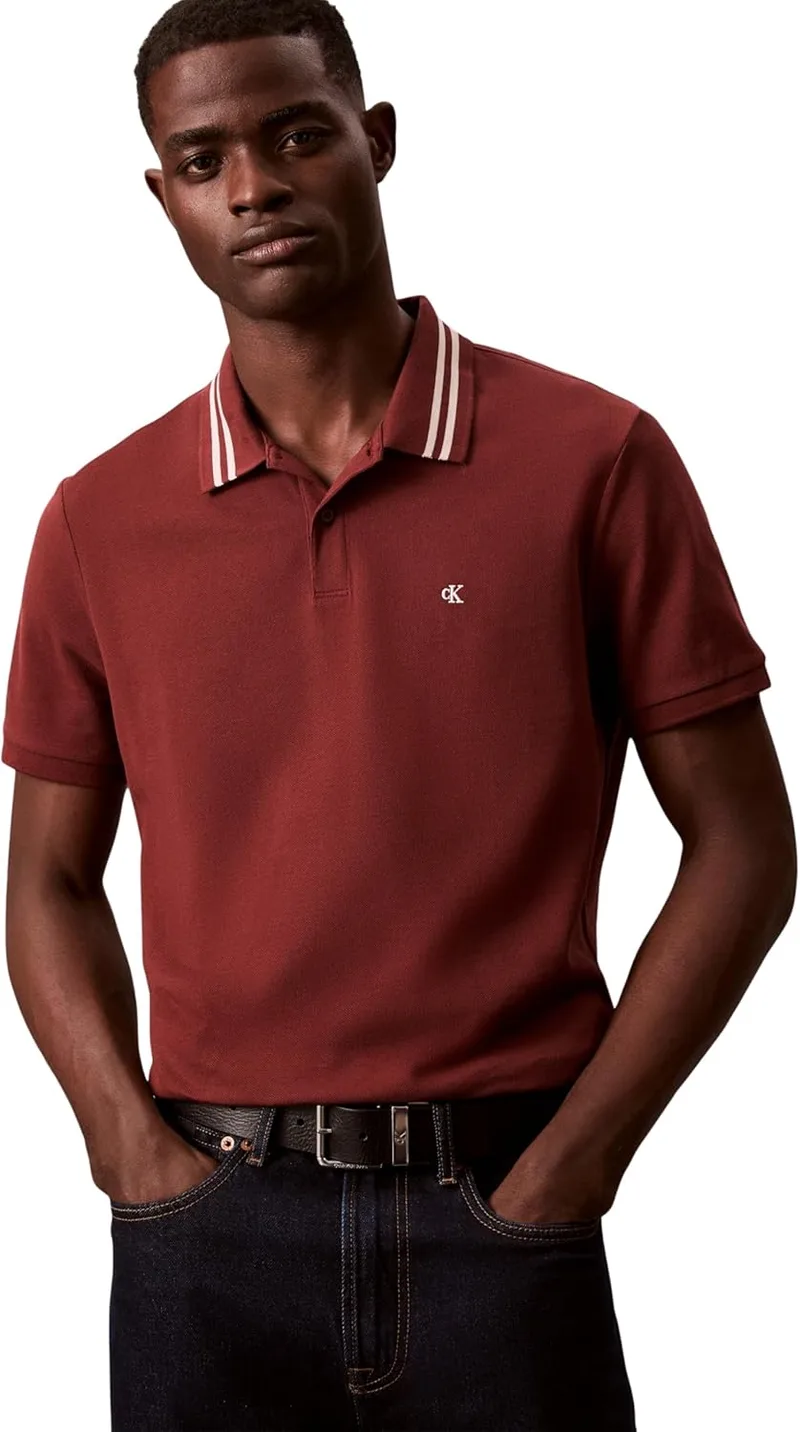 Calvin Klein ▫️ Camisa pólo de algodão com ponta em piqué Monogram de manga curta para homem
