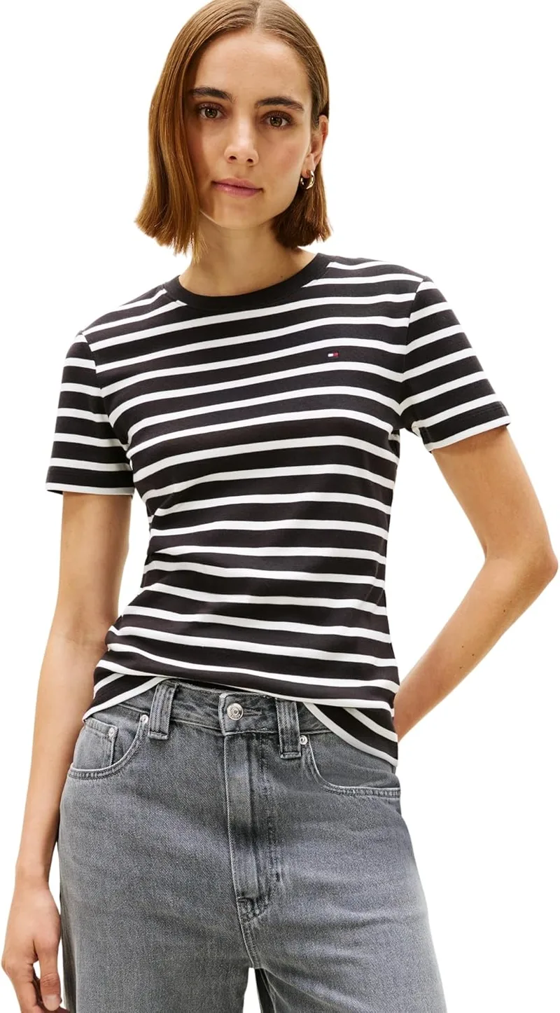 Tommy Hilfiger ▫️ Camiseta de manga curta para mulher New Slim Cody com gola redonda