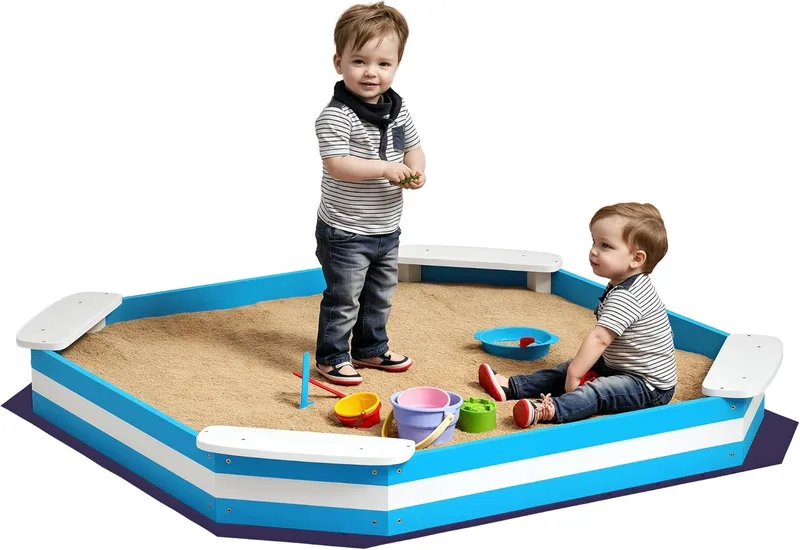 AIYAPLAY ▫️ Caixa de areia para crianças a partir dos 3 anos Caixa de areia infantil quadrada com 4 assentos para exterior 133 x 133 x 16 cm Azul e branco