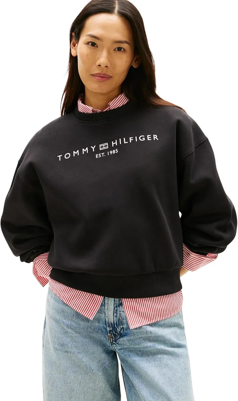 Tommy Hilfiger Corp Logo MDRN SWTSRT WW0WW47831 - Camisola sem botões para mulher, Cor Preto (Preto), Tamanho S, Preto (Preto), S
