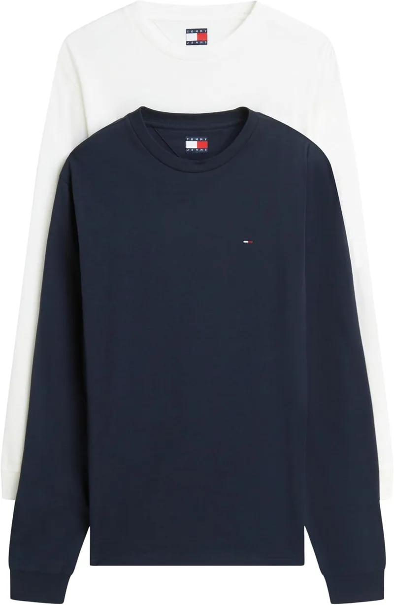 Tommy Jeans ▫️ Tommy Camisolas de manga comprida, pack de 2, para homem, corte justo, com gola redonda