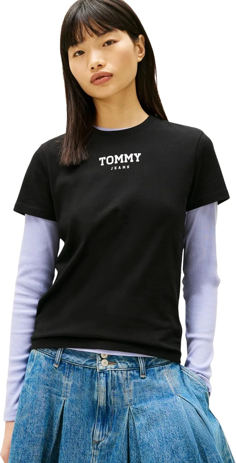 Tommy Jeans ▫️ Tjw Reg Essential Logo 2 tee Ext Dw0Dw21842 Camiseta de manga curta, Preto (Preto), tamanho S para mulher