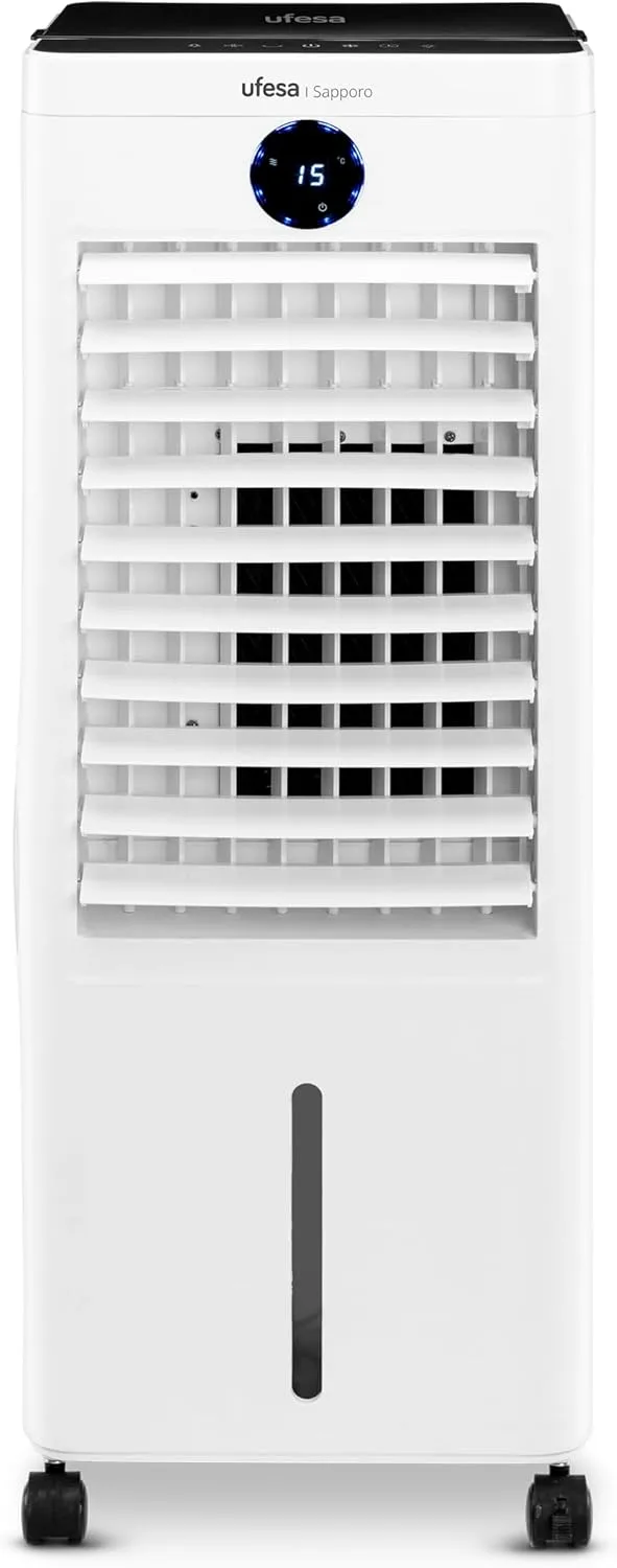 Ufesa ▫️ Sapporo Evaporative Cooler, 100W, Função Cool & Fan, 3 Velocidades, 3 Modos, Painel Táctil, Depósito 12L, Temporizador 12h, Filtro Lavável, 2 Blocos de Gelo, Controlo Remoto