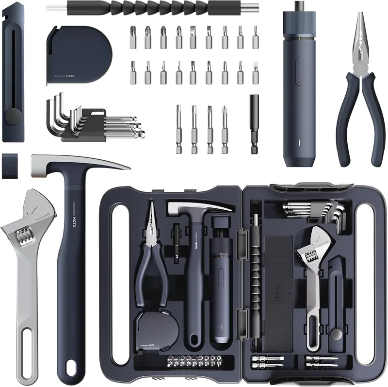 HOTO ▫️ Kit de Ferramentas de 40 peças - Caixa de ferramentas completa com chave de fendas elétrica (LED, 3 pares) + 14 ferramentas e 26 acessórios, organizador profissional para uso doméstico e bricolage