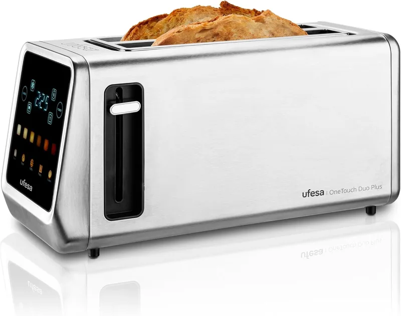 Ufesa ▫️ One Touch Duo Plus, Torradeira Digital de 1400 W, 2 ranhuras, ecrã LED, 6 níveis, funções para pão, bagel, muffin, waffle, aquecer, descongelar, memória, tabuleiro recolhedor de migalhas