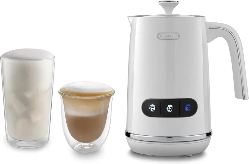 De'Longhi ▫️ Batedor de leite elétrico LatteMix EMF3.W para leite quente e frio e alternativas vegetais, fácil de limpar, tampa transparente, 3 botões, 250 ml, cor branca