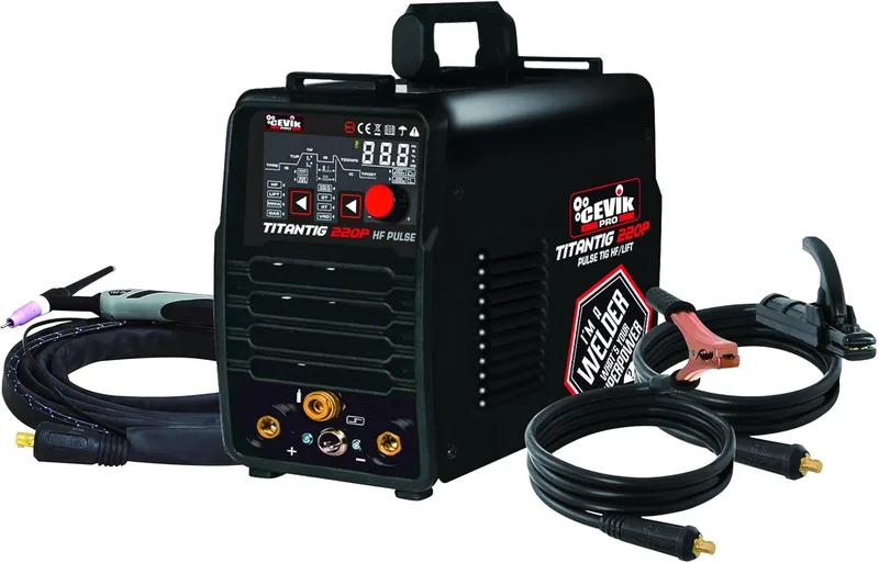 CEVIK PRO ▫️ CE-TITANTIG220P - Soldador TIG Inverter DC + Lift TIG - 220A 200A 30% - 230V - Eléctrodos até 4mm - Ecrã digital - Inclui tocha TIG Pinça para tocha TIG Suporte de eléctrodos