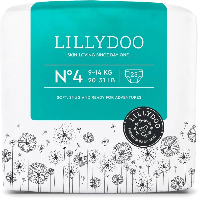 LILLYDOO ▫️ Fraldas amigas da pele - tamanho 4 (9+ kg), 25 unidades, proteção contra fugas, macias, sem perfume e sem loção, testadas dermatologicamente.
