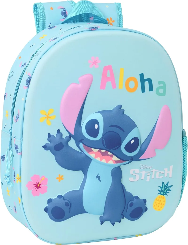 Safta ▫️ STITCH 3D - Mochila escolar, com design 3D, adaptável a carrinhos, ideal para crianças de diferentes idades, confortável e versátil, de qualidade e resistente, 27x10x33 cm