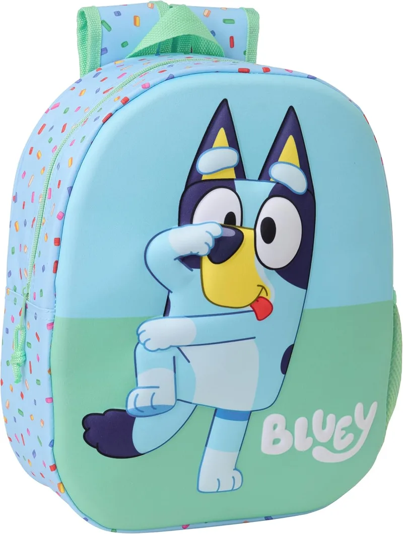 Safta ▫️ BLUEY 3D - Mochila Escolar, com Design 3D, Adaptável ao Carrinho, Ideal para Crianças de Diferentes Idades, Confortável e Versátil, Qualidade e Resistente, 27x10x33 cm