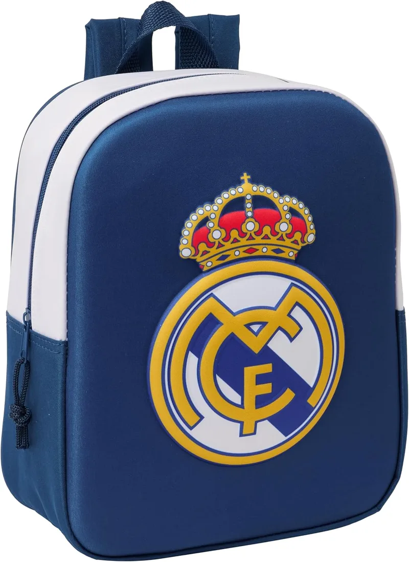 Safta ▫️ Real Madrid 3D - Mochila 3D para jardim de infância, adaptável ao carrinho, fácil de limpar, ideal para crianças de diferentes idades, cómoda e versátil, de qualidade e resistente, 22x10x27 cm