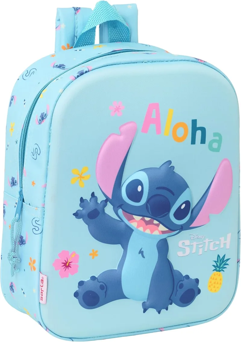 Safta ▫️ STITCH 3D - Mochila 3D para o jardim de infância, acoplável a um carrinho, fácil de limpar, ideal para crianças de diferentes idades, confortável e versátil, de qualidade e resistente, 22x10x27 cm