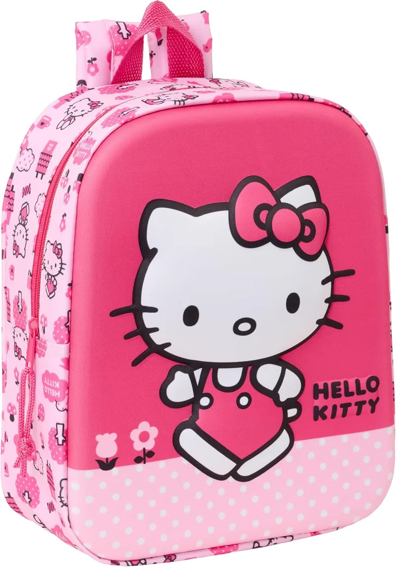 Safta ▫️ HELLO KITTY 3D - Mochila 3D para o jardim de infância, adaptável ao carrinho, fácil de limpar, ideal para crianças de diferentes idades, cómoda e versátil, de qualidade e resistente, 22x10x27 cm