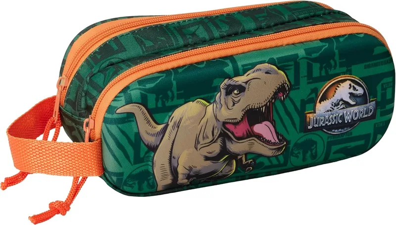 Safta ▫️ Jurassic World 3D - Estojo duplo 3D, estojo de lápis para crianças, ideal para crianças em idade escolar, cómodo e versátil, de qualidade e resistente, 21x6x8 cm