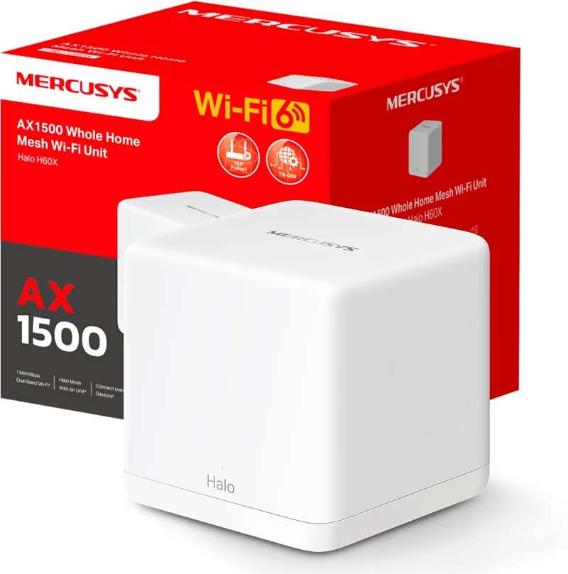MERCUSYS ▫️ Router WiFi Mesh 6 AX1500Mbps, 3 portas Gigabit WAN/LAN, Controlo Parental, Router Mesh WiFi e Ap, liga até 100 dispositivos, cobertura até 230 m², Halo H60X (1 embalagem)