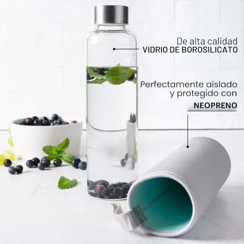 Moritz & Moritz ▫️ Garrafa de vidro de 500 ml com capa de neoprene – Antigotejamento e adequada para bebidas com gás – Garrafa de água de vidro de borossilicato para desporto, escritório, universidade e viagens 2