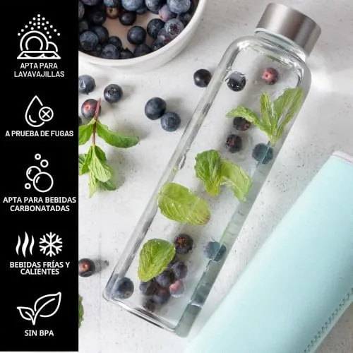 Moritz & Moritz ▫️ Garrafa de vidro de 500 ml com capa de neoprene – Antigotejamento e adequada para bebidas com gás – Garrafa de água de vidro de borossilicato para desporto, escritório, universidade e viagens 3