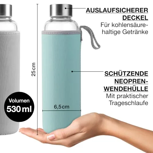 Moritz & Moritz ▫️ Garrafa de vidro de 500 ml com capa de neoprene – Antigotejamento e adequada para bebidas com gás – Garrafa de água de vidro de borossilicato para desporto, escritório, universidade e viagens 5