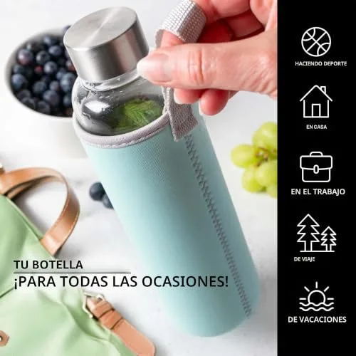 Moritz & Moritz ▫️ Garrafa de vidro de 500 ml com capa de neoprene – Antigotejamento e adequada para bebidas com gás – Garrafa de água de vidro de borossilicato para desporto, escritório, universidade e viagens 6