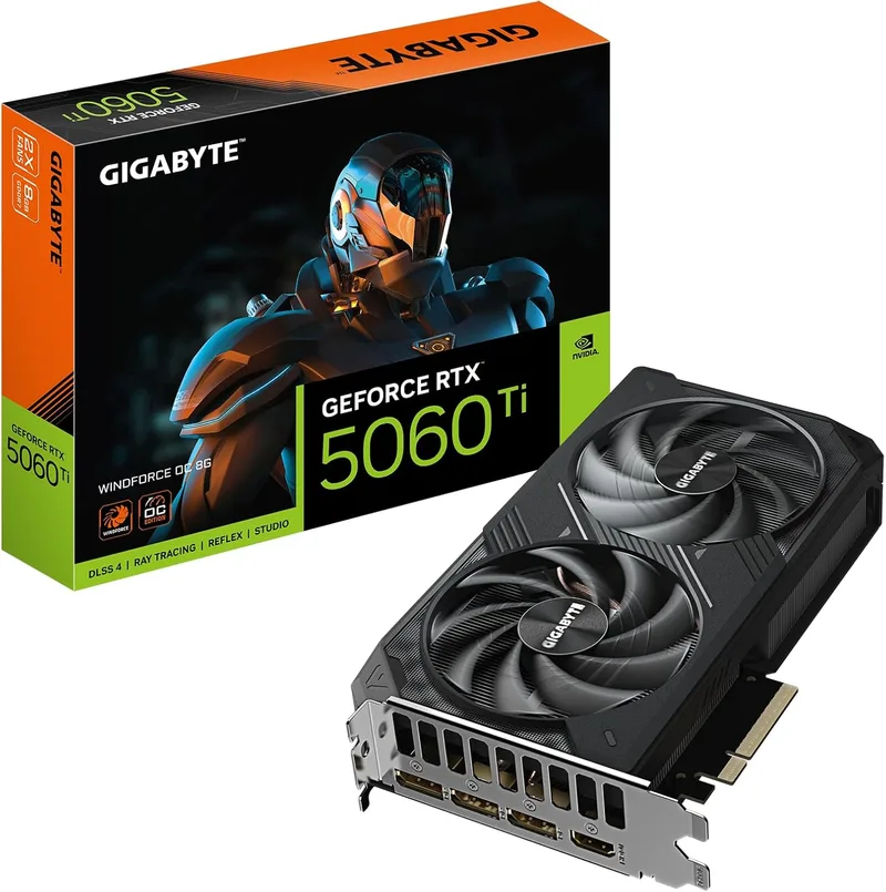 Gigabyte Technology ▫️ Placa gráfica GIGABYTE GeForce RTX 5060 Ti WINDFORCE OC 8G – 8 GB GDDR7, 128 bits, PCI-E 5.0, frequência do núcleo de 2587 MHz, 3 x DisplayPort, 1 x HDMI, GV-N506TWF2OC-8GD