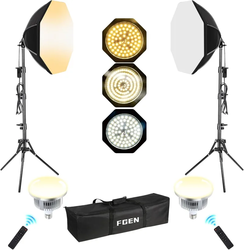 FGen ▫️ Softbox LED octogonal 3000-6500K, caixa de luz com 3 modos de cor ajustáveis via comando à distância, luzes de fotografia de 2 x 50 cm com suporte dobrável de 1,5 m, para fotografia de estúdio e entrevistas