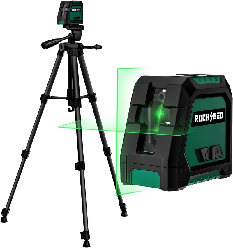 RockSeed ▫️ Nível laser de módulos duplos com tripé de 1,2 m, nível de linha autonivelante, feixe verde horizontal e vertical de 150°, 2 pilhas AA, para decoração de interiores/bricolage/obra