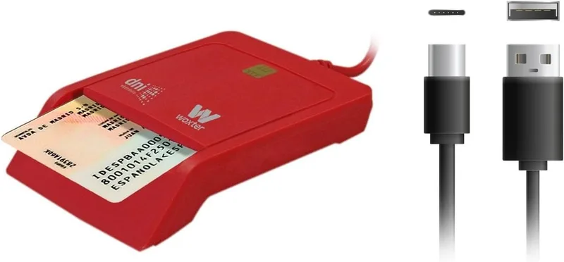 Woxter ▫️ Leitor de Cartão de Identificação Eletrónico com Ligação Tipo C - Cartão de Identificação Eletrónico Inteligente, Cartão de Identificação 3.0 e 4.0, Tipo C, Compatível com PC e Mac, Inclui Adaptador Tipo C para USB A. Cor: Vermelho