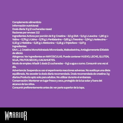 Warrior ▫️ Creatina Monohidratada + EAA 270 g - 30 doses - Fórmula para recuperação e apoio muscular com suplemento de desempenho - Aminoácidos essenciais em pó para o treino (sem sabor) 2