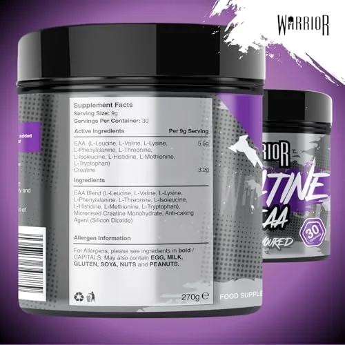 Warrior ▫️ Creatina Monohidratada + EAA 270 g - 30 doses - Fórmula para recuperação e apoio muscular com suplemento de desempenho - Aminoácidos essenciais em pó para o treino (sem sabor) 3