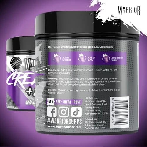 Warrior ▫️ Creatina Monohidratada + EAA 270 g - 30 doses - Fórmula para recuperação e apoio muscular com suplemento de desempenho - Aminoácidos essenciais em pó para o treino (sem sabor) 4