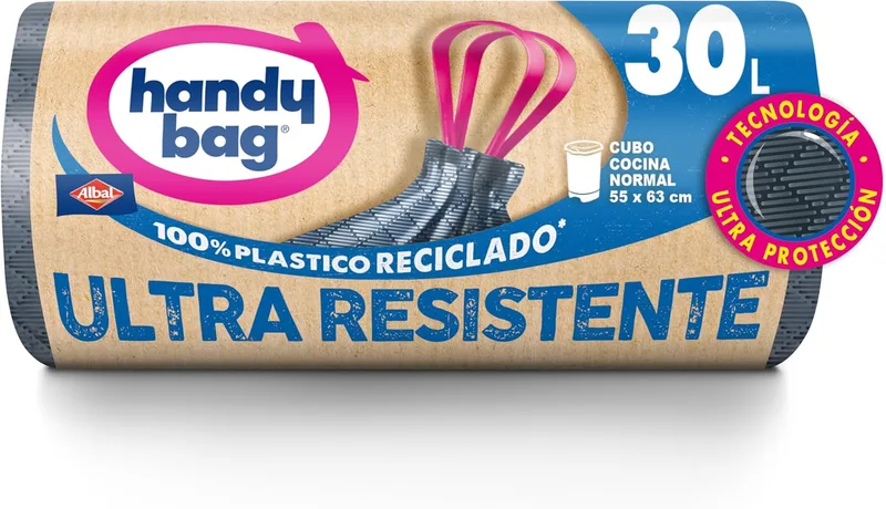Handy Bag ▫️ Sacos de lixo de 30 L ultra-resistentes, tecnologia de proteção extrema, fecho automático, anti-gotejamento, 100 % de plástico reciclado, 12 unidades