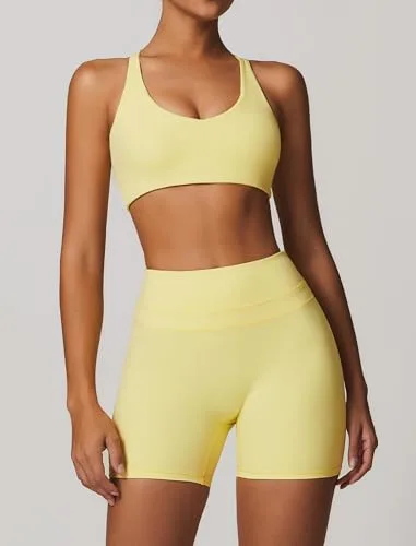 IDOPIP ▫️ Conjunto desportivo feminino para fitness: conjunto de ginásio de 2 peças com decote em V, sutiã e leggings curtas – Roupa desportiva de verão para ioga, pilates e treino 2