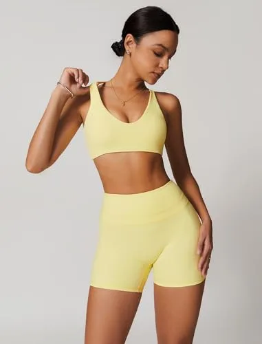 IDOPIP ▫️ Conjunto desportivo feminino para fitness: conjunto de ginásio de 2 peças com decote em V, sutiã e leggings curtas – Roupa desportiva de verão para ioga, pilates e treino 3