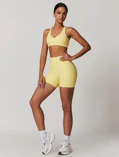 IDOPIP ▫️ Conjunto desportivo feminino para fitness: conjunto de ginásio de 2 peças com decote em V, sutiã e leggings curtas – Roupa desportiva de verão para ioga, pilates e treino 4