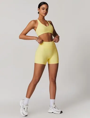 IDOPIP ▫️ Conjunto desportivo feminino para fitness: conjunto de ginásio de 2 peças com decote em V, sutiã e leggings curtas – Roupa desportiva de verão para ioga, pilates e treino 5