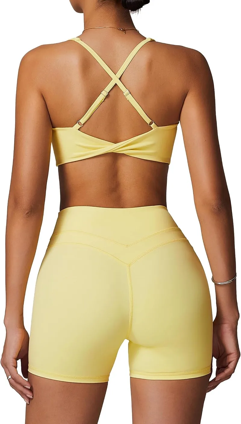 IDOPIP ▫️ Conjunto desportivo feminino para fitness: conjunto de ginásio de 2 peças com decote em V, sutiã e leggings curtas – Roupa desportiva de verão para ioga, pilates e treino