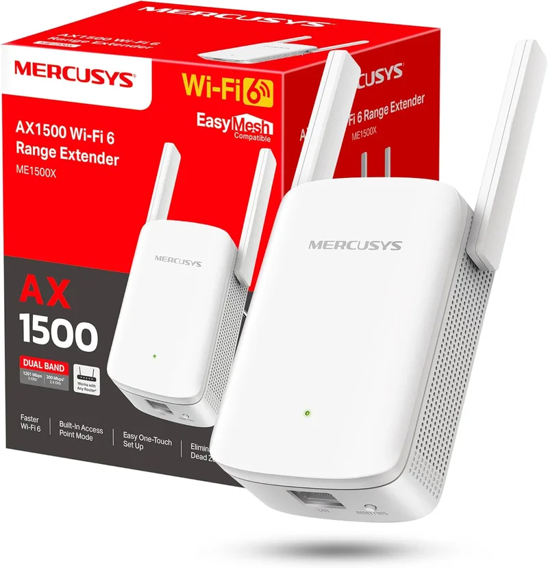 MERCUSYS ▫️ ME1500X Amplificador Wi-Fi 6 WiFi, Repetidor de Banda Dupla com 1201 Mbps 5 GHz + 300 Mbps 2,4 GHz, Porta Gigabit, 2 Antenas de Alto Desempenho, Botão WPS, Modo de Ponto de Acesso