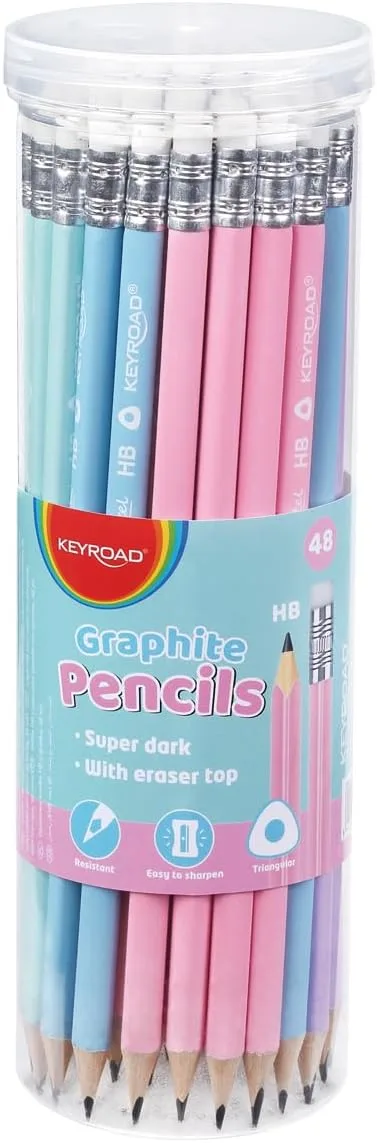 KEYROAD ▫️ Lápis de madeira com borracha, HB, lápis triangular, pastel, 48 unid., lápis de madeira em tubo, material escolar