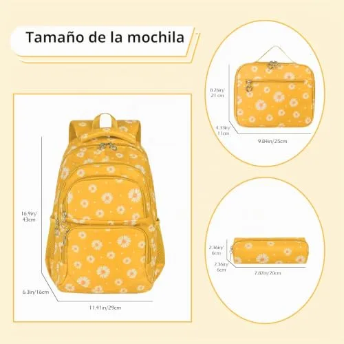 SIVENKE ▫️ Mochila escolar para meninas, adolescentes e mulheres, mochila escolar, conjunto de mochila escolar para meninas, escola, tempo livre, com bolsa para o almoço e estojo, amarela, mochila para crianças 2