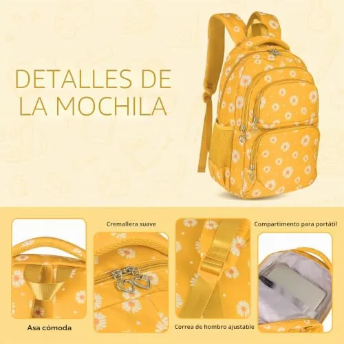 SIVENKE ▫️ Mochila escolar para meninas, adolescentes e mulheres, mochila escolar, conjunto de mochila escolar para meninas, escola, tempo livre, com bolsa para o almoço e estojo, amarela, mochila para crianças 3